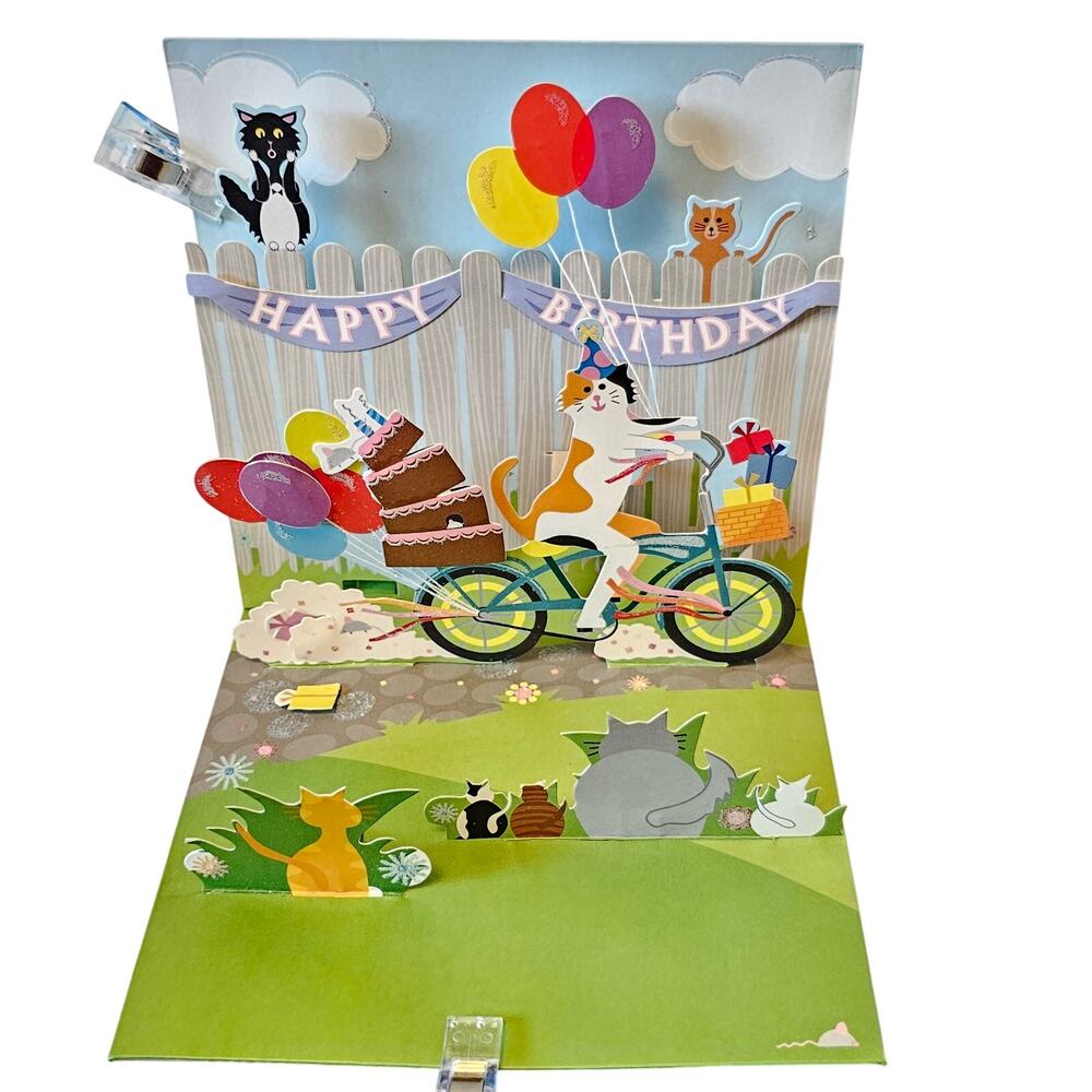 Cat Birthday Pop Up Card 3D Cake Bike Ride PS-837 Treasures Up With Paper